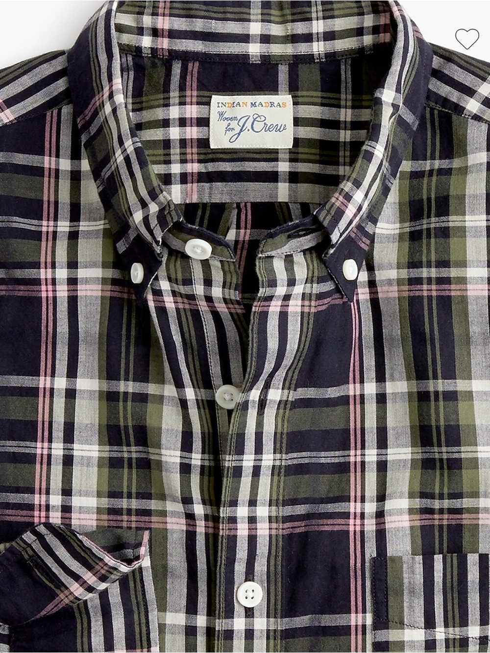 J. Crew Olive, Navy & Pink Plaid Indian Madras Button-Down Shirt